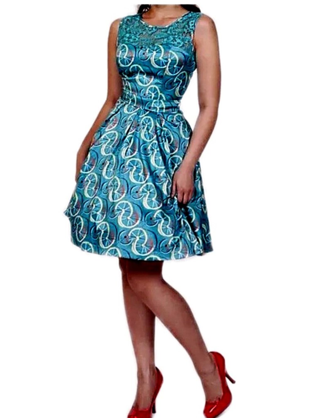 Tatyana Cruiser Bicycle Wheel Print 1950s Swing Dress Size Small